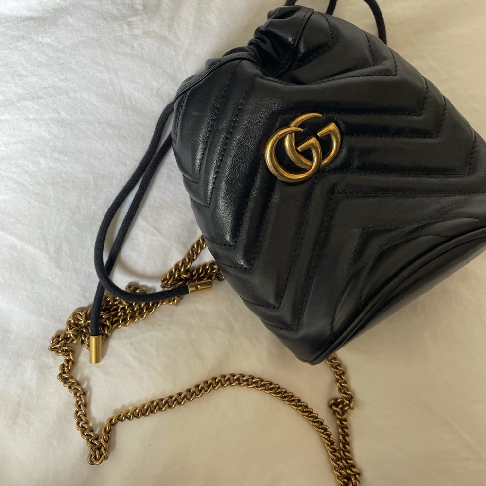 Gucci Black Quilted Leather Drawstring Bucket Bag with Gold Hardware